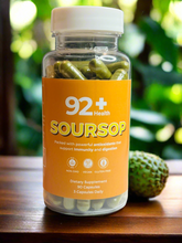 Load image into Gallery viewer, Bottle of 92+ Soursop capsules dietary supplement for immunity and digestion support with antioxidants, vegan and gluten-free, 90 capsules.