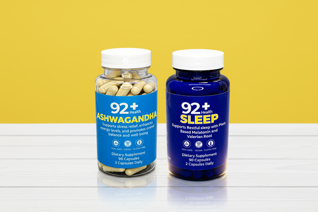 92+ Calm & Restore Stress Relief Bundle with Ashwagandha and Sleep Support Capsules for natural stress reduction and restful sleep