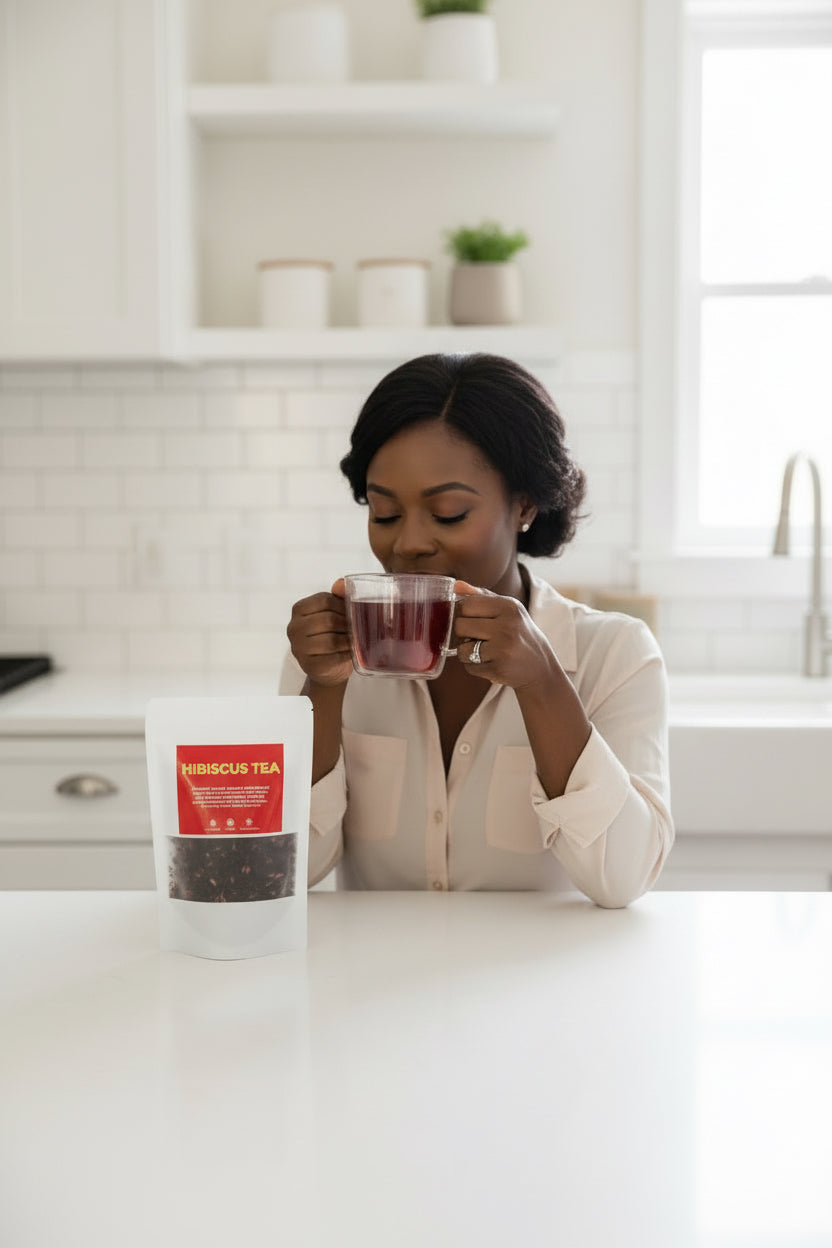 Cup of vibrant ruby-red hibiscus tea made from premium dried hibiscus flowers, caffeine-free and antioxidant-rich.