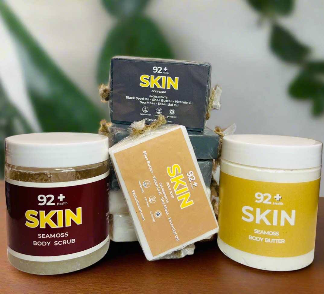 Discover the 92+ Skin Bundle, with Body Butter, Soap, and Sea Salt Scrub, to pamper and nourish your skin. Achieve radiant skin with this luxurious set.