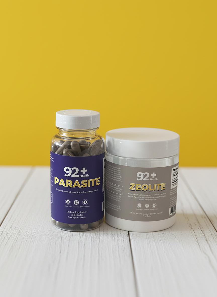 92+ Parasite Cleanse and Zeolite bottles on a wooden surface with a green blurred background.