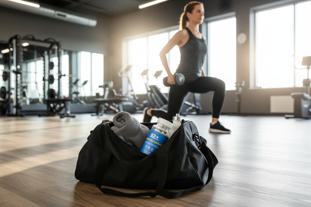 Bottle of 92+ Ashwagandha dietary supplement capsules with blue label promoting stress relief, energy, and overall balance