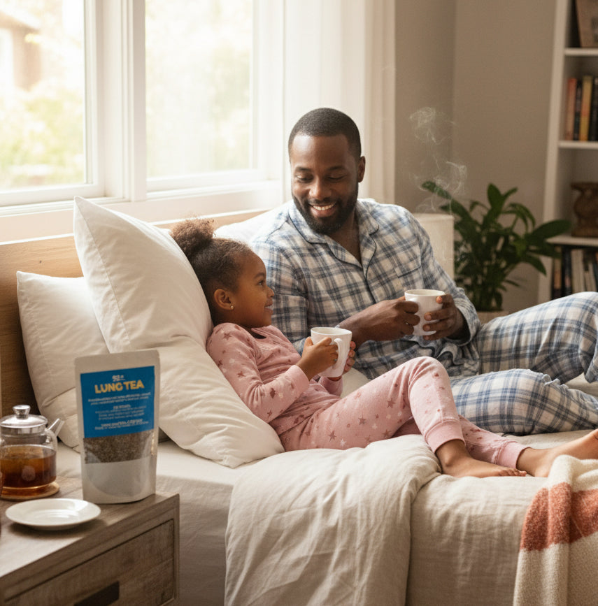 Father and daughter enjoying 92+ Lung Tea lung detox blend for respiratory health in cozy home setting