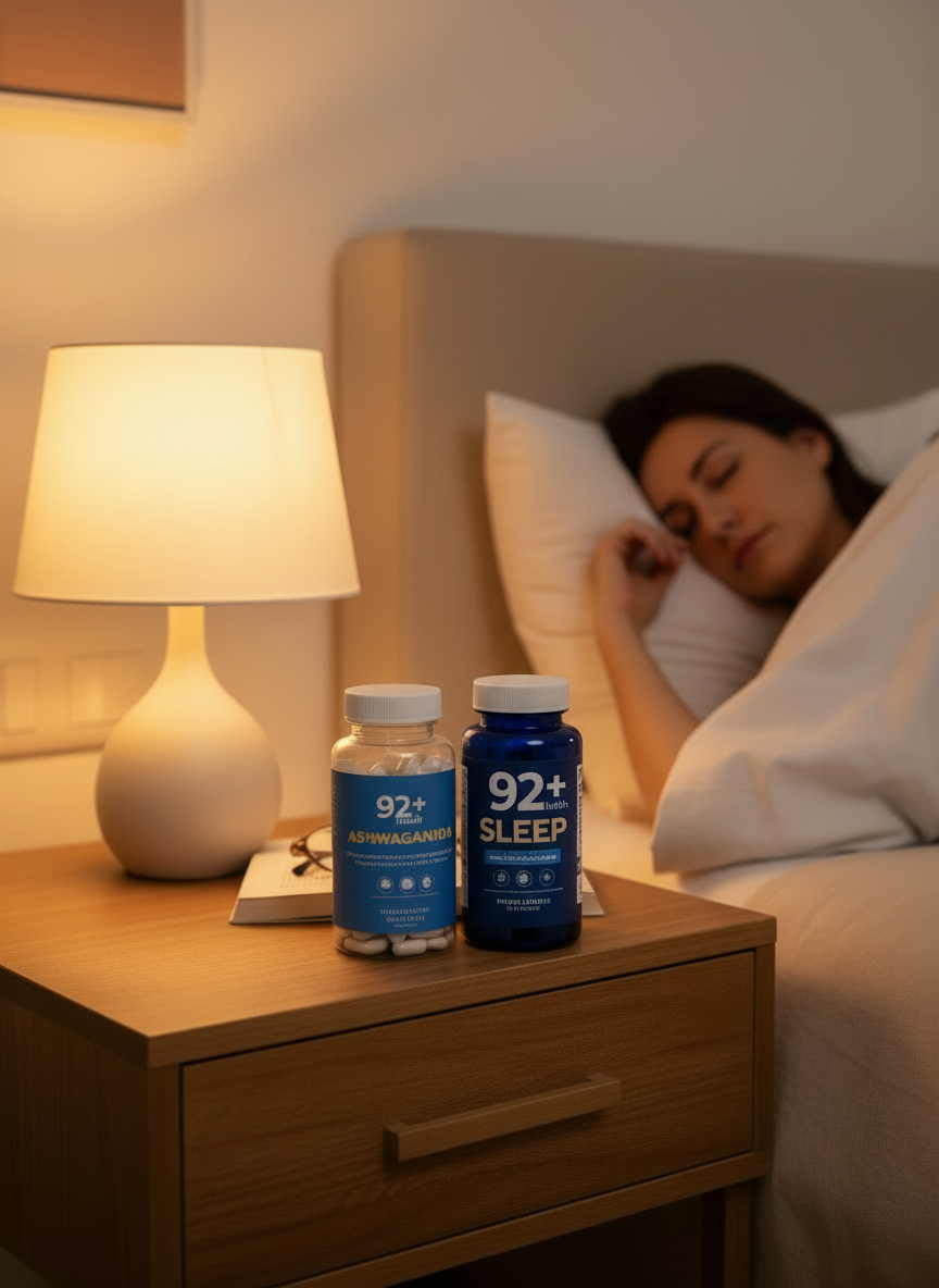 92+ Calm & Restore Stress Relief Bundle Ashwagandha and Sleep Support capsules on nightstand with sleeping woman in background