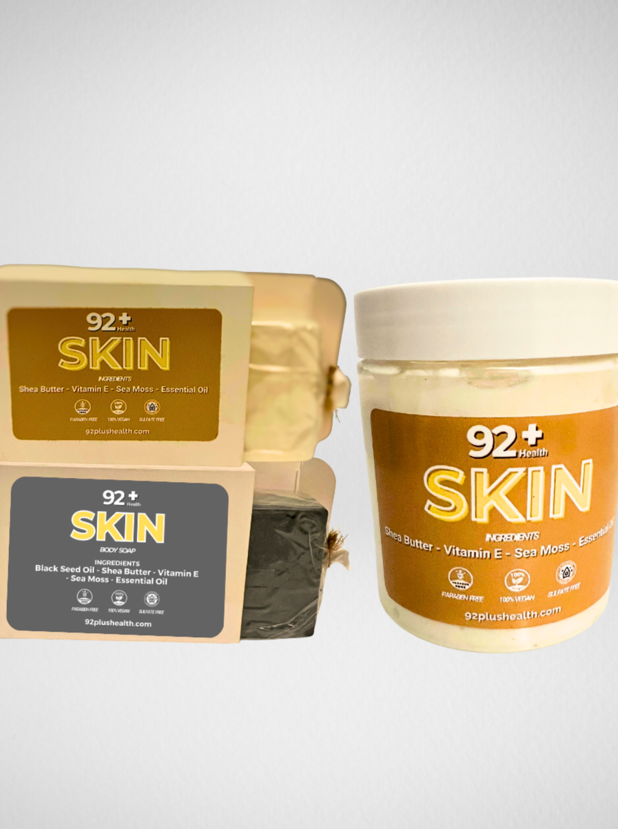 92+ Skin Bundle - Sea Moss, Vitamin E, Essential Oils, Blackseed oil, Sea Butter, Mango Butter. A thick rich sea moss lotion and soap that helps with dry skin and eczema. 92+ Health, Everything Sea Moss.  The #1 Sea Moss provider in Los Angeles.