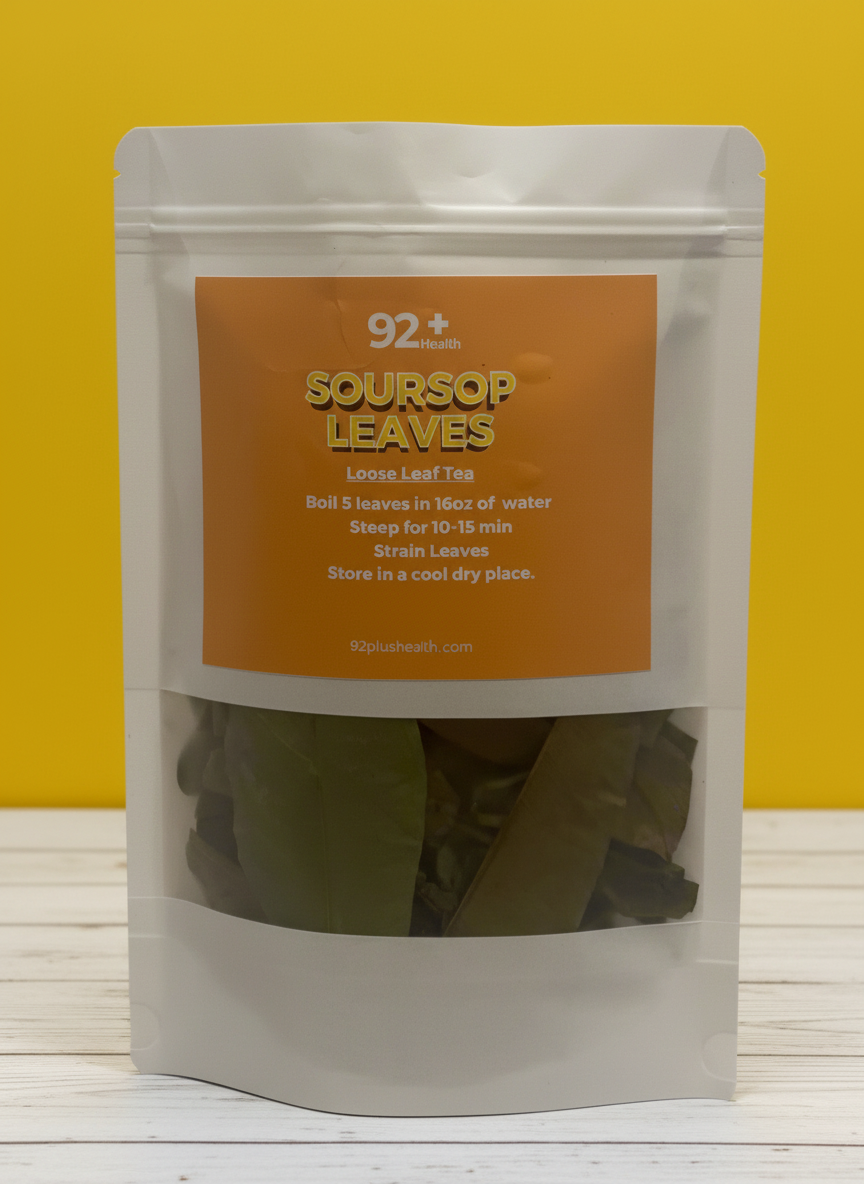 Soursop Leaves by 92+ Health, premium herbal tea packaging on a wooden table with natural background.
