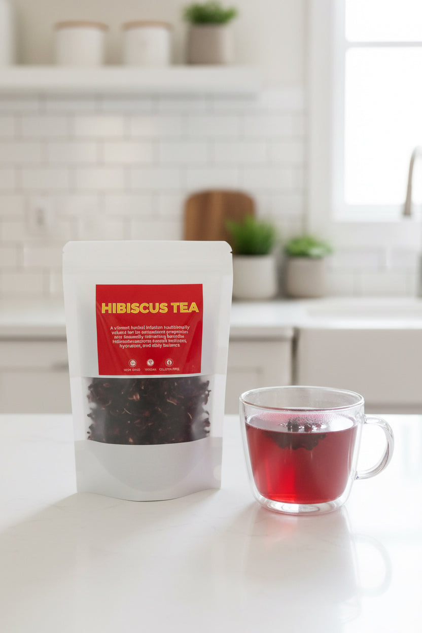 Cup of vibrant ruby-red hibiscus tea made from premium dried hibiscus flowers, caffeine-free and rich in antioxidants