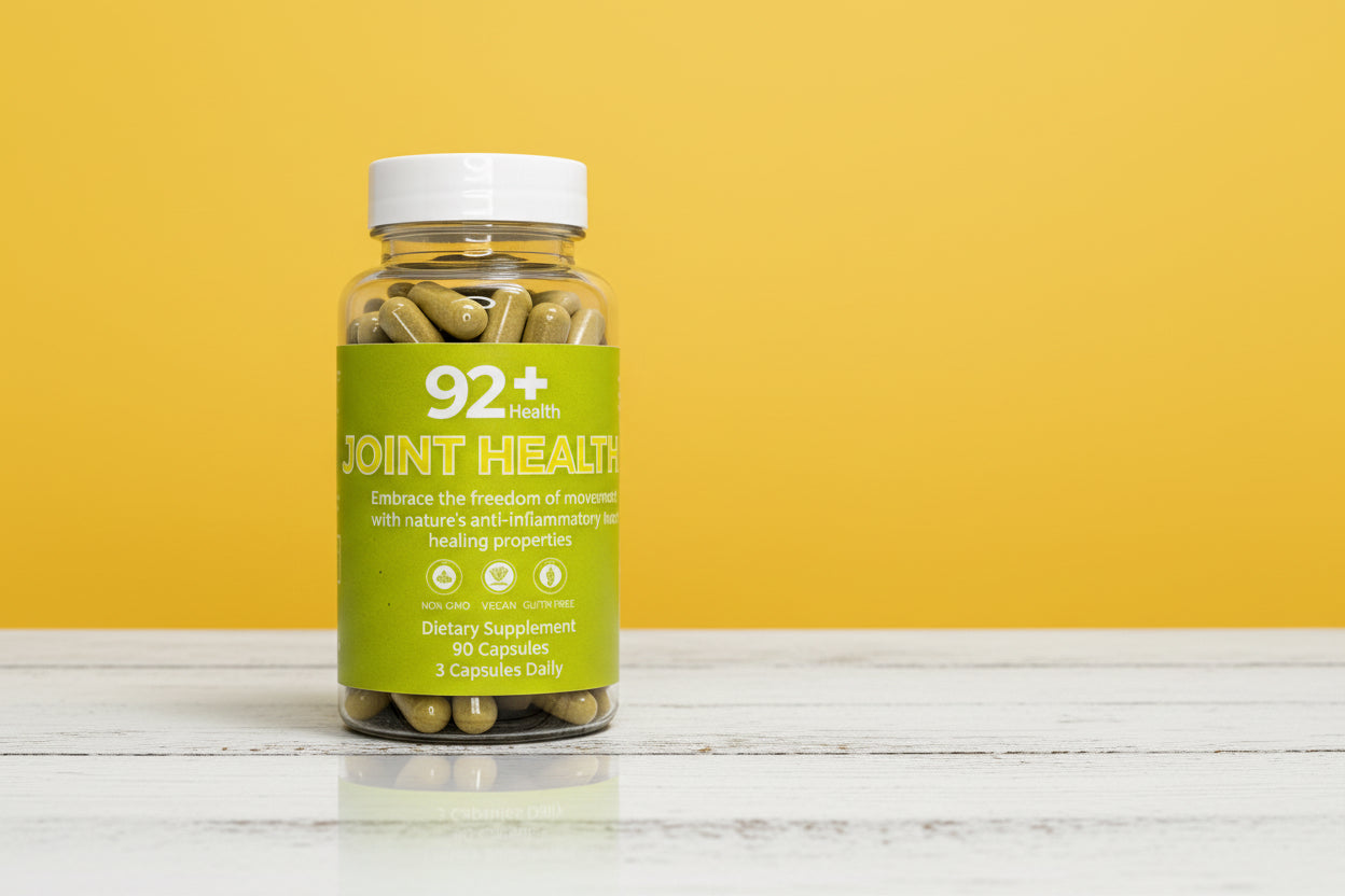 92+ Joint Health supplement bottle with turmeric capsules on yellow background