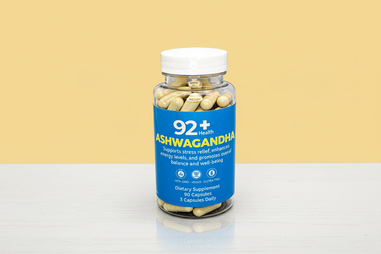 92+ Ashwagandha capsules bottle for stress relief and immune support
