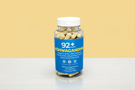 92+ Ashwagandha capsules bottle for stress relief and immune support