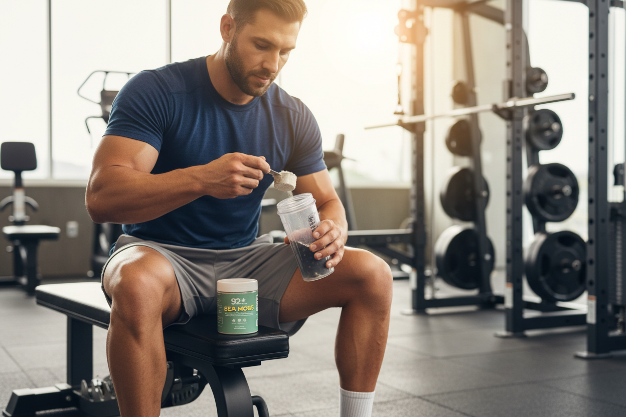 Container of 92+ Sea Moss Powder, a vegan, non-GMO, gluten-free supplement with 92 essential vitamins and minerals for immune and overall health.