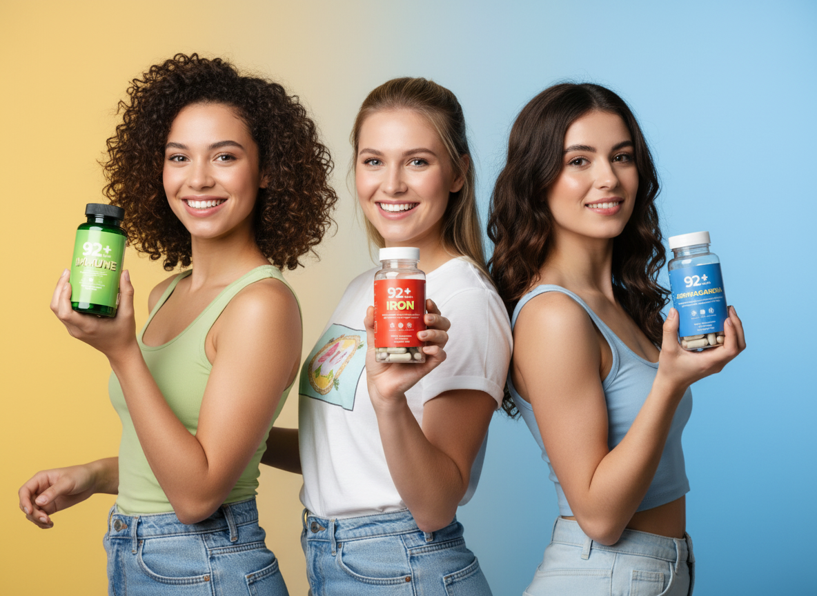 three women holding 92+ Iron Health Bundle supplement bottles with colorful backgrounds